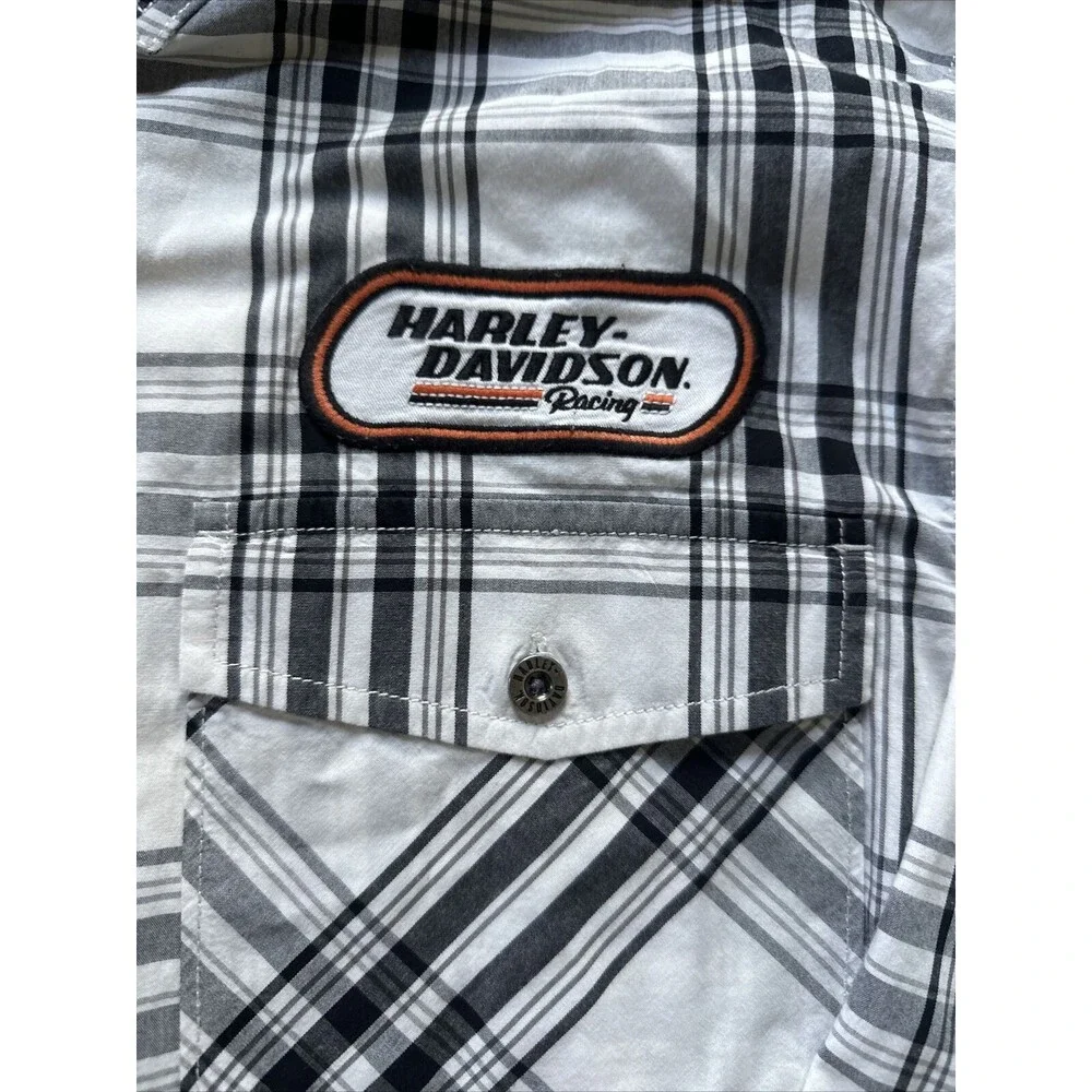 Harley Davidson Racing Shirt Mens XL White Black Plaid Long Sleeve Button #1 - Picture 3 of 9